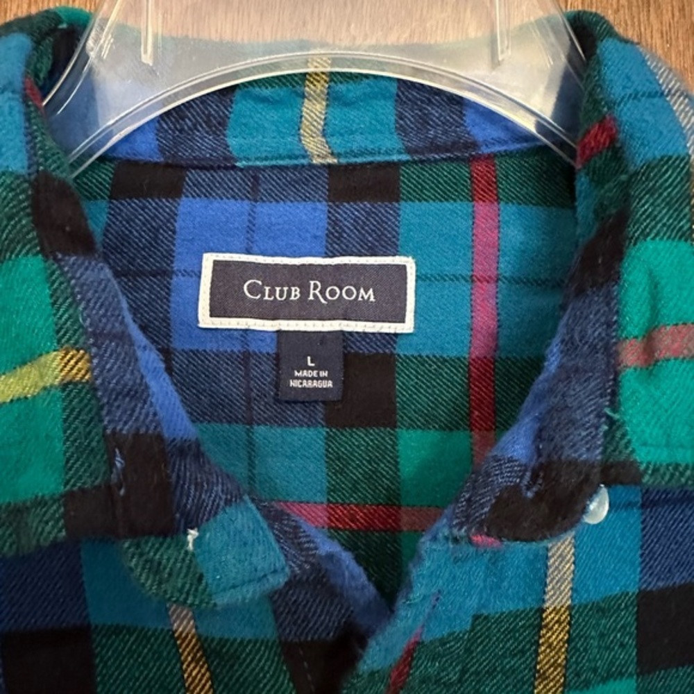 Club Room Men Button‎ Down Shirt L Large Blue Green Plaid Flannel Long Sleeve - Picture 3 of 5